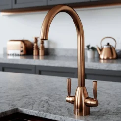 The Tap Factory Vibrance 2 Copper Twin Lever Mono Kitchen Mixer With Post Box Red Handles