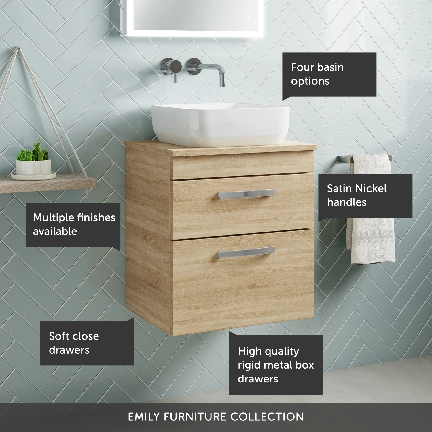 Emily 500mm Wall Mounted Natural Oak 2 Drawer Unit And Hudson Reed Round Countertop Basin 6 Emily 500mm Wall Mounted Natural Oak 2 Drawer Unit And Hudson Reed Round Countertop Basin - Image 6