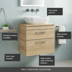 Emily 600mm Wall Mounted 2 Drawer Unit And Countertop - Natural Oak - Hudson Reed Rectangular Countertop Basin -Vado Shop top 600 wall 2 drawer call outs
