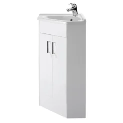 Vellamo Alpine 2 Door Corner Cabinet Vanity Unit & Ceramic Basin - Gloss White -Vado Shop vellamo alpine 2 door corner cabinet white cutout