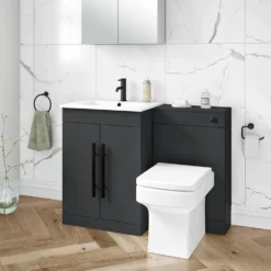 Vellamo Aspire 1100mm Matt Grey 2 Door Combination Ceramic Basin & Toilet Unit With Matt Black Handles & Overflow - No Cistern Or Toilet