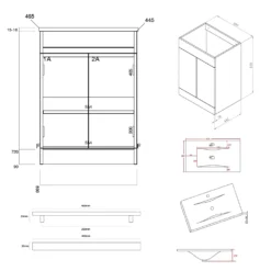 Vellamo Aspire 600mm Floorstanding 2 Door Vanity Unit & Thin Ceramic Basin - Matt Grey -Vado Shop vellamo aspire 2 door vanity unit basin handle tech drawing 1