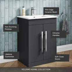 Vellamo Aspire 600mm Floorstanding 2 Door Vanity Unit & Thin Ceramic Basin - Matt Grey -Vado Shop vellamo aspire 2door 600 matt grey vanity unit callout