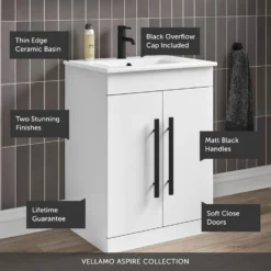 Vellamo Aspire 600mm Floorstanding 2 Door Vanity Unit & Ceramic Basin With Matt Black Handles & Overflow Cover - Matt Grey 24 Vellamo Aspire 600mm Floorstanding 2 Door Vanity Unit & Ceramic Basin With Matt Black Handles & Overflow Cover - Matt Grey -Vado Shop vellamo aspire 2door 600 white vanity unit black handles callout