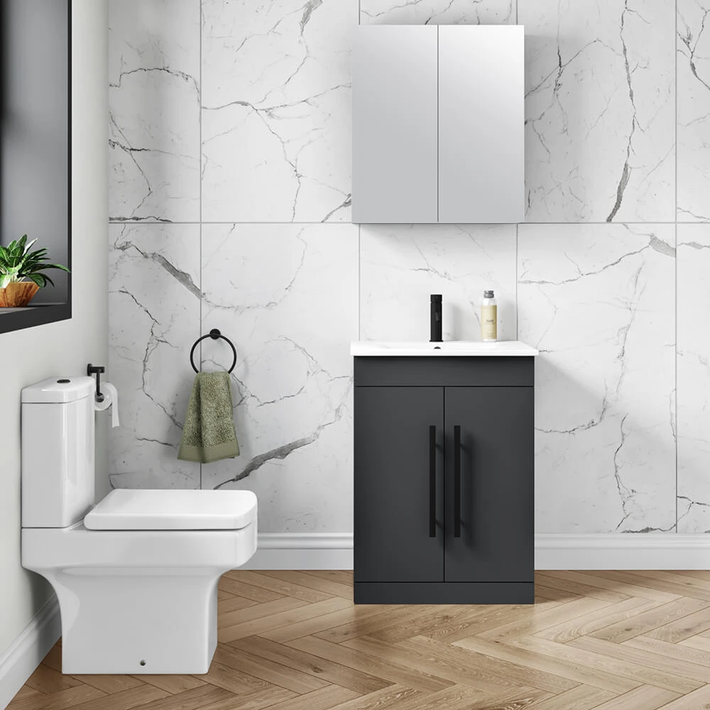 Vellamo Aspire 600mm Floorstanding 2 Door Vanity Unit & Ceramic Basin With Matt Black Handles & Overflow Cover - Matt Grey 4 Vellamo Aspire 600mm Floorstanding 2 Door Vanity Unit & Ceramic Basin With Matt Black Handles & Overflow Cover - Matt Grey - Image 4