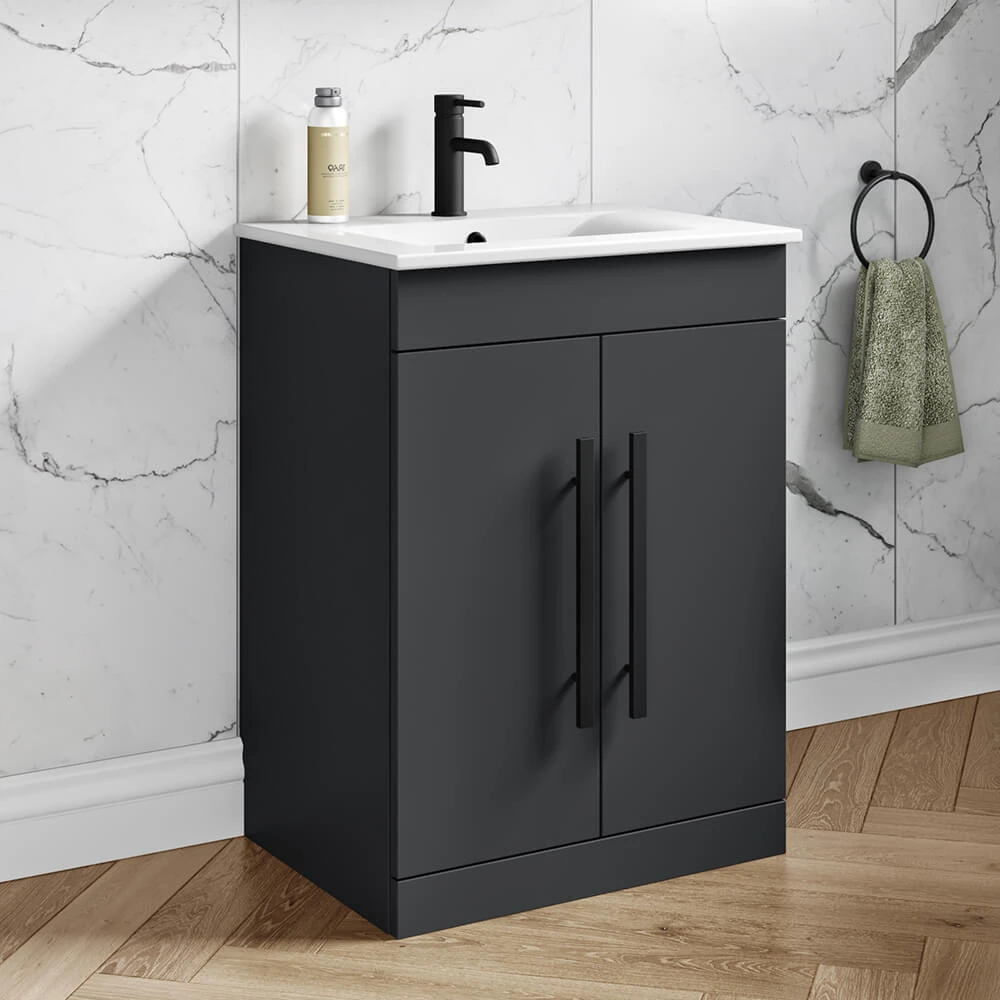 Vellamo Aspire 600mm Floorstanding 2 Door Vanity Unit & Ceramic Basin With Matt Black Handles & Overflow Cover - Matt Grey 1 Vellamo Aspire 600mm Floorstanding 2 Door Vanity Unit & Ceramic Basin With Matt Black Handles & Overflow Cover - Matt Grey