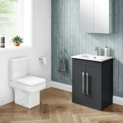 Vellamo Aspire 600mm Floorstanding 2 Door Vanity Unit & Thin Ceramic Basin - Matt Grey -Vado Shop vellamo aspire 2door 600mm matt grey vanity unit lifestyle1