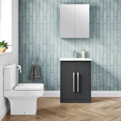 Vellamo Aspire 600mm Floorstanding 2 Door Vanity Unit & Thin Ceramic Basin - Matt Grey -Vado Shop vellamo aspire 2door 600mm matt grey vanity unit lifestyle2