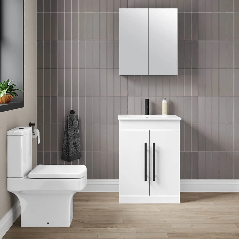 Vellamo Aspire 600mm Floorstanding 2 Door Vanity Unit & Ceramic Basin With Matt Black Handles & Overflow Cover - Matt Grey 7 Vellamo Aspire 600mm Floorstanding 2 Door Vanity Unit & Ceramic Basin With Matt Black Handles & Overflow Cover - Matt Grey - Image 7