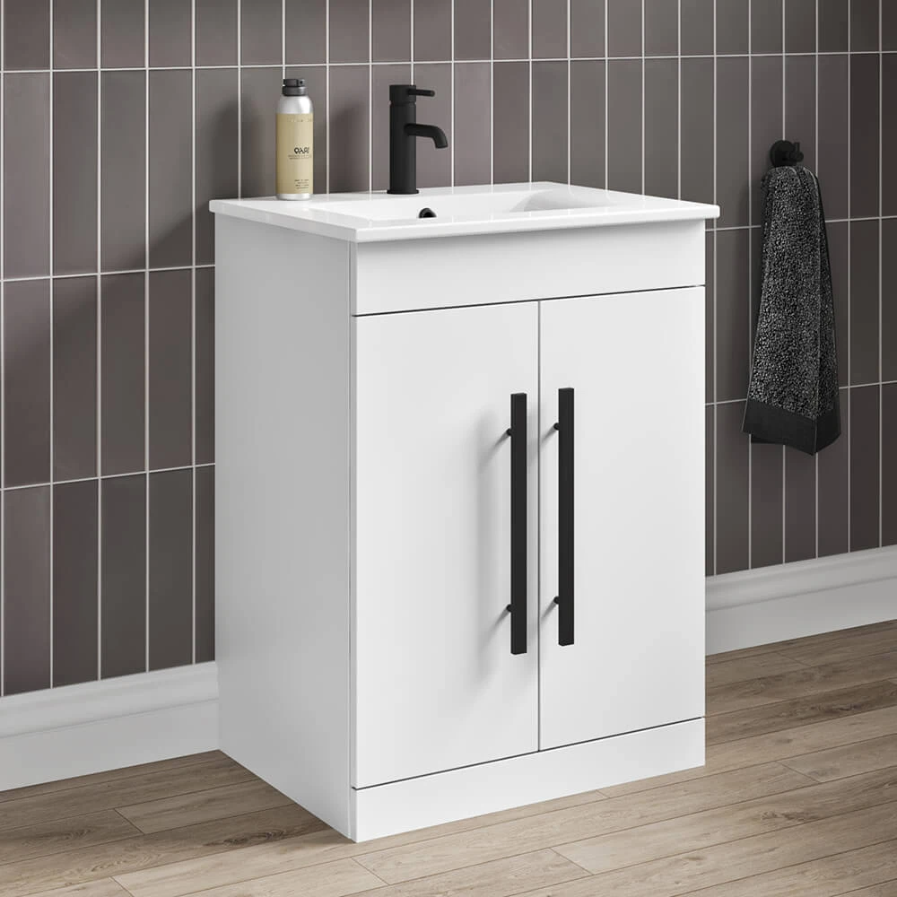 Vellamo Aspire 600mm Floorstanding 2 Door Vanity Unit & Ceramic Basin With Matt Black Handles & Overflow Cover - Matt Grey 2 Vellamo Aspire 600mm Floorstanding 2 Door Vanity Unit & Ceramic Basin With Matt Black Handles & Overflow Cover - Matt Grey - Image 2