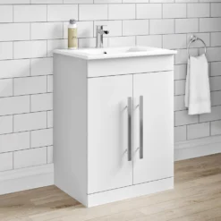 Vellamo Aspire 600mm Floorstanding 2 Door Vanity Unit & Thin Ceramic Basin - Matt Grey