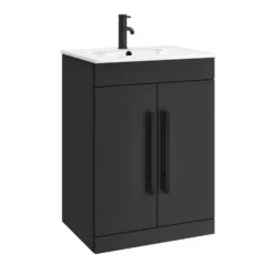 Vellamo Aspire 600mm Floorstanding 2 Door Vanity Unit & Ceramic Basin With Matt Black Handles & Overflow Cover - Matt Grey 25 Vellamo Aspire 600mm Floorstanding 2 Door Vanity Unit & Ceramic Basin With Matt Black Handles & Overflow Cover - Matt Grey -Vado Shop vellamo aspire 2door anthracite vanity unit black handles cutout