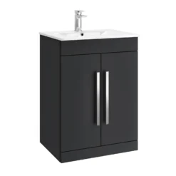 Vellamo Aspire 600mm Floorstanding 2 Door Vanity Unit & Thin Ceramic Basin - Matt Grey -Vado Shop vellamo aspire 2door anthracite vanity unit chrome handles cutout