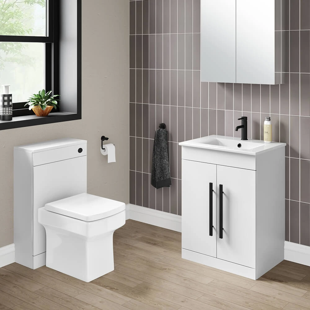 Vellamo Aspire 600mm Floorstanding 2 Door Vanity Unit & Ceramic Basin With Matt Black Handles & Overflow Cover - Matt Grey 8 Vellamo Aspire 600mm Floorstanding 2 Door Vanity Unit & Ceramic Basin With Matt Black Handles & Overflow Cover - Matt Grey - Image 8