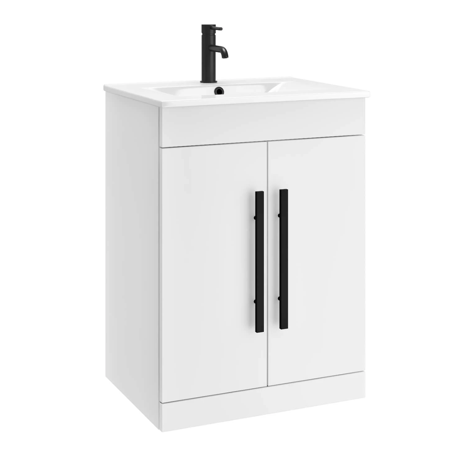 Vellamo Aspire 600mm Floorstanding 2 Door Vanity Unit & Ceramic Basin With Matt Black Handles & Overflow Cover - Matt Grey 11 Vellamo Aspire 600mm Floorstanding 2 Door Vanity Unit & Ceramic Basin With Matt Black Handles & Overflow Cover - Matt Grey - Image 11