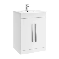 Vellamo Aspire 600mm Floorstanding 2 Door Vanity Unit & Thin Ceramic Basin - Matt Grey -Vado Shop vellamo aspire 2doorwhite vanity unit chrome handles cutout