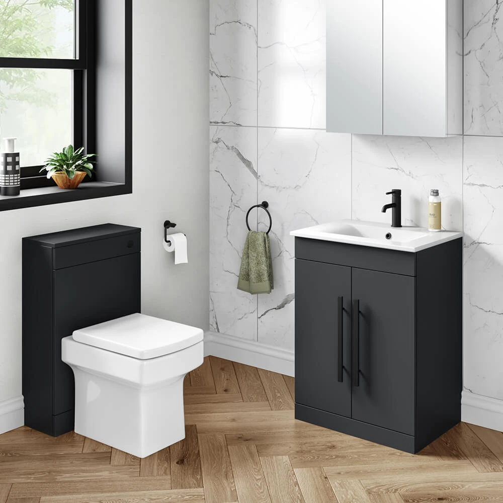Vellamo Aspire 600mm Floorstanding 2 Door Vanity Unit & Ceramic Basin With Matt Black Handles & Overflow Cover - Matt Grey 5 Vellamo Aspire 600mm Floorstanding 2 Door Vanity Unit & Ceramic Basin With Matt Black Handles & Overflow Cover - Matt Grey - Image 5
