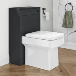 Vellamo Aspire 1100mm Matt Grey 2 Door Combination Ceramic Basin & Toilet Unit With Matt Black Handles & Overflow - No Cistern Or Toilet -Vado Shop vellamo aspire wc unit matt grey black flush button lifestyle