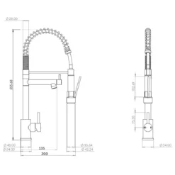 Vellamo Hanbury Professional Kitchen Pullout Spray Tap - Brushed Brass -Vado Shop vellamo hanbruy pull out kitchen tap pdt 000267 tech drawing v2