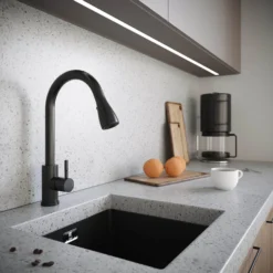 Vellamo Inspire Pull Out Mono Kitchen Mixer Tap - Matt Black -Vado Shop vellamo inspire matt black pull out tap lifestyle