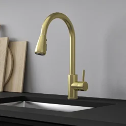 Vellamo Inspire Pull Out Mono Kitchen Mixer Tap - Brushed Brass