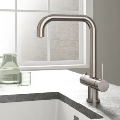 Vellamo Kaffe Brushed Nickel Instant Boiling Tap With WRAS-Approved Digital Boiler & Filter -Vado Shop vellamo kaffe instant hot water brushed nickel kitchen tap lifestyle 2