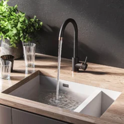 Vellamo Kara Single Lever Mono Kitchen Mixer - Black & Rose Gold -Vado Shop vellamo kara black rose gold mono kitchen mixer lifestyle