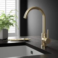 Vellamo Kara Single Lever Mono Kitchen Mixer Tap - Brushed Brass -Vado Shop vellamo kara single lever kitchen tap brushed brass lifestyle2 scaled