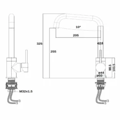 Vellamo Koro Single Lever Mono Kitchen Mixer - Brushed Copper -Vado Shop vellamo koro single lever mono kitchen tap brushed copper technical drawing scaled