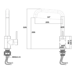 Vellamo Koro Single Lever Mono Kitchen Mixer Tap - Brushed Stainless Steel -Vado Shop vellamo koro single lever mono kitchen tap brushed stainless steel technical drawing