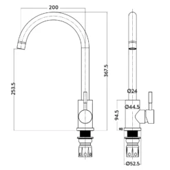 Vellamo Revolve Stainless Steel Mono Kitchen Mixer And Complete Filter Kit -Vado Shop vellamo revolve brushed stainless steel kitchen tap technical drawing