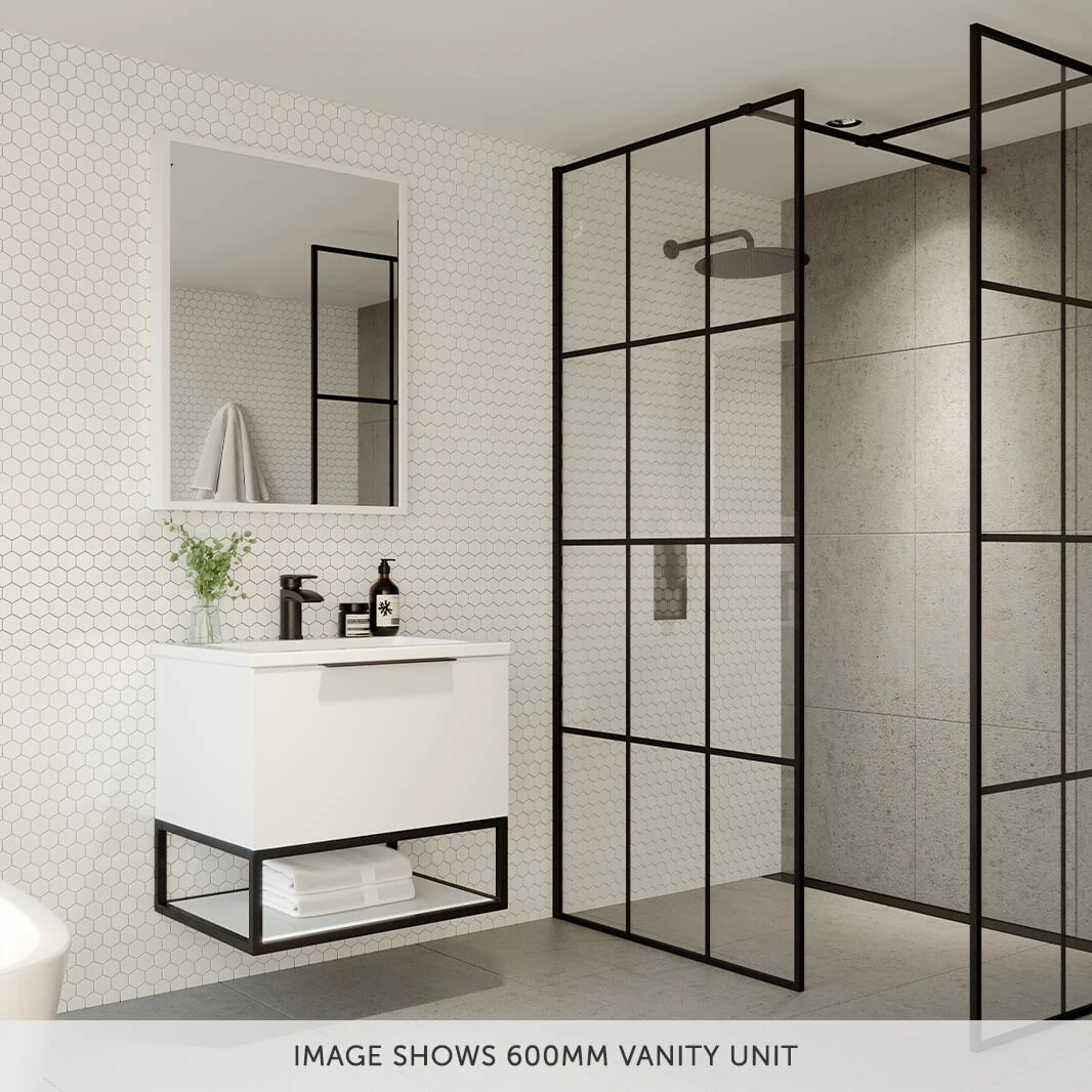 Harbour Virtue 800mm Wall Hung Vanity Unit With LED Illumination, Black Framed Shelf & White Basin - Matt Grey & Matt Black Handle 13 Harbour Virtue 800mm Wall Hung Vanity Unit With LED Illumination, Black Framed Shelf & White Basin - Matt Grey & Matt Black Handle - Image 13