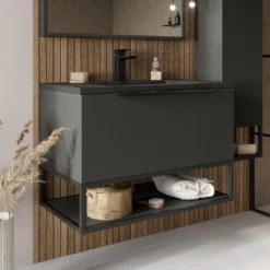Harbour Virtue 800mm Wall Hung Vanity Unit With LED Illumination, Black Framed Shelf & White Basin - Matt Grey & Matt Black Handle