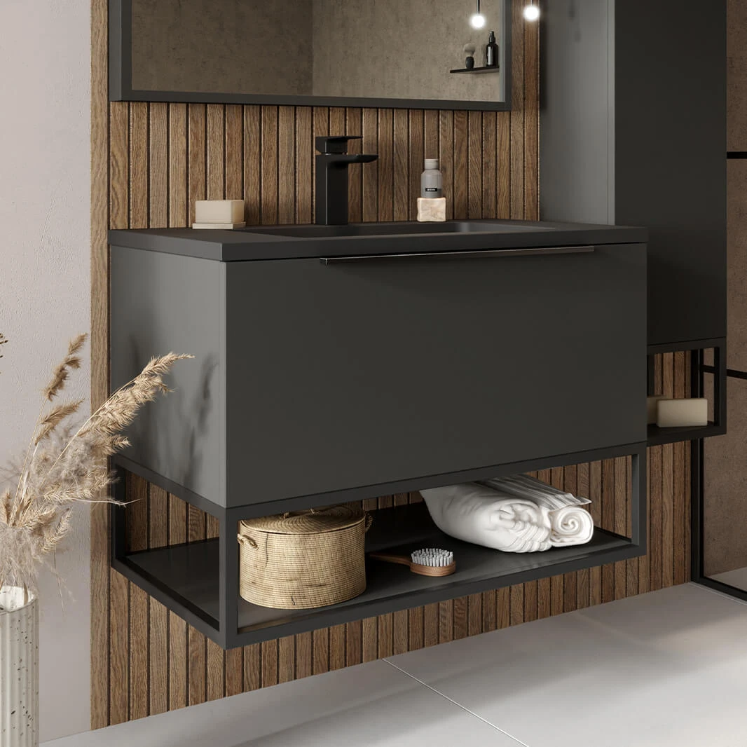 Harbour Virtue 800mm Wall Hung Vanity Unit With LED Illumination, Black Framed Shelf & White Basin - Matt Grey & Matt Black Handle 1 Harbour Virtue 800mm Wall Hung Vanity Unit With LED Illumination, Black Framed Shelf & White Basin - Matt Grey & Matt Black Handle