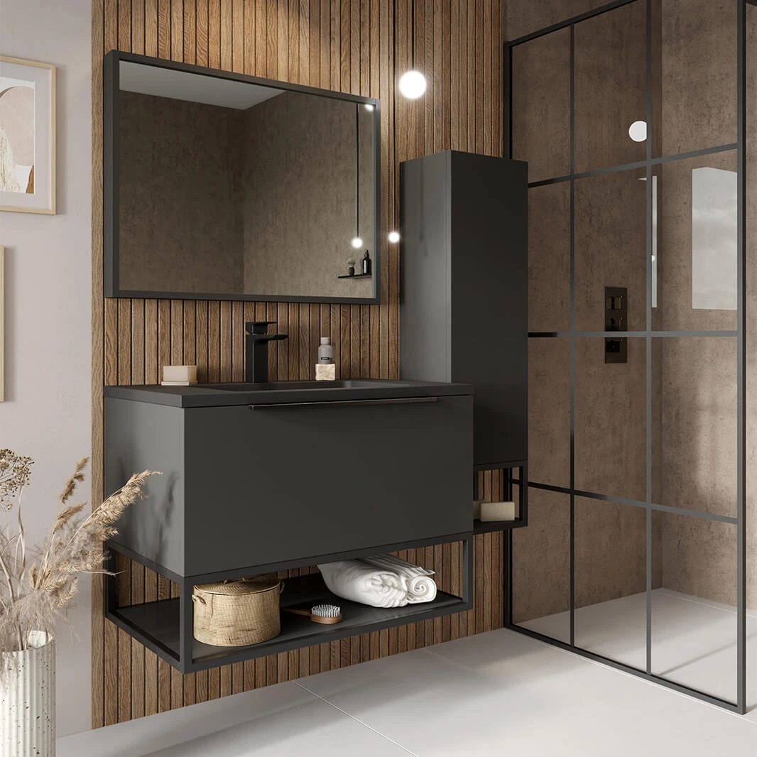 Harbour Virtue 800mm Wall Hung Vanity Unit With LED Illumination, Black Framed Shelf & White Basin - Matt Grey & Matt Black Handle 11 Harbour Virtue 800mm Wall Hung Vanity Unit With LED Illumination, Black Framed Shelf & White Basin - Matt Grey & Matt Black Handle - Image 11