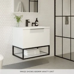 Harbour Virtue 800mm Wall Hung Vanity Unit With LED Illumination, Black Framed Shelf & White Basin - Matt Grey & Matt Black Handle 26 Harbour Virtue 800mm Wall Hung Vanity Unit With LED Illumination, Black Framed Shelf & White Basin - Matt Grey & Matt Black Handle -Vado Shop virtue white 600 vanity unit lifestyle banner