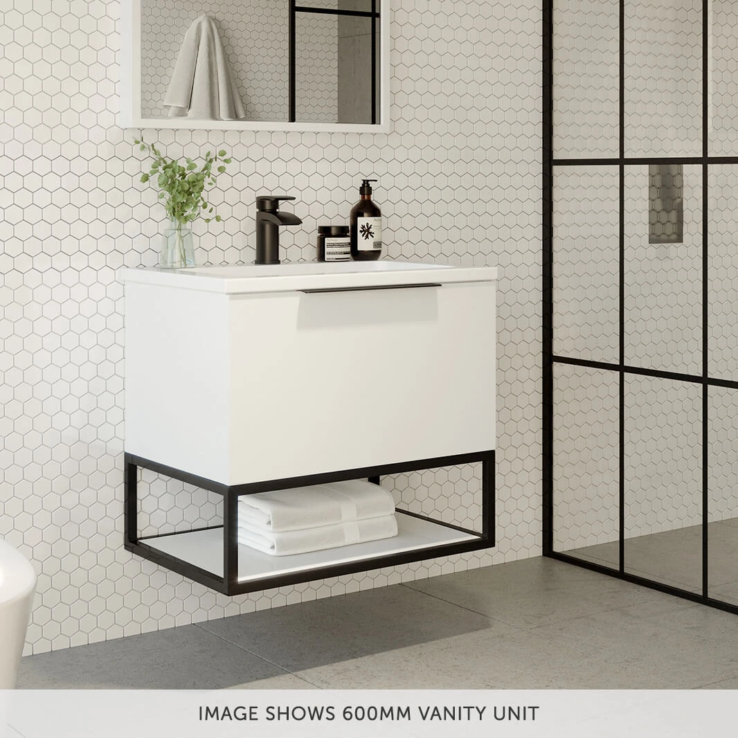 Harbour Virtue 800mm Wall Hung Vanity Unit With LED Illumination, Black Framed Shelf & White Basin - Matt Grey & Matt Black Handle 12 Harbour Virtue 800mm Wall Hung Vanity Unit With LED Illumination, Black Framed Shelf & White Basin - Matt Grey & Matt Black Handle - Image 12